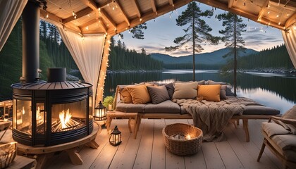 Glamping de lujo en el lago, interior de una cabaña acogedora con estufa de leña y sofá con...