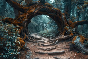 A mysterious arch formed by intertwining tree roots stands along a forest path, resembling a portal to another world, evoking the enchantment of a magical place.

