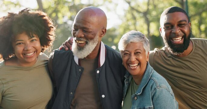 Face, people or volunteers hug in park for support, community project or donation for nature sustainability. Humanitarian, group or proud senior friends with smile, charity service or NGO together