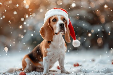 Beagle breed dog wearing festive red Santa hat posing outdoor in snowy park decorated for holidays . Christmas celebration. Bright warm colours.
