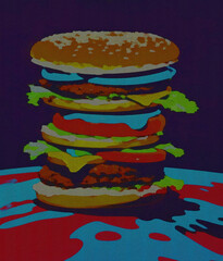 Painting of a burger on a colorful background with blue paint dots, food focus, no humans, food, cheese, burger