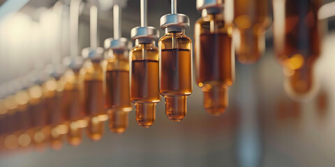 Brown vials hang from a metal hook, waiting to be injected.