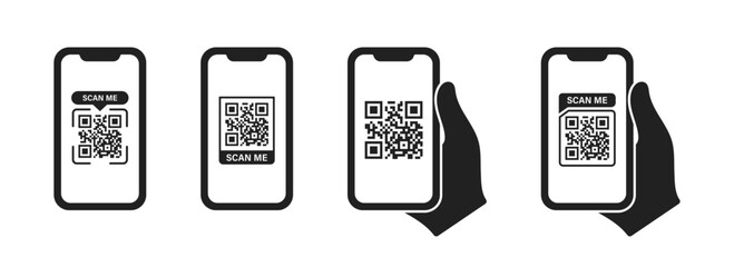 Scan QR icon, hand with phone. Qr code symbol. Vector illustration