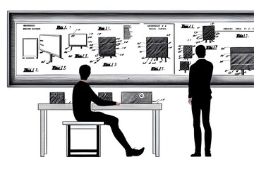 Engineers Discussing Detailed Blueprints and Technical Drawings in Modern Office