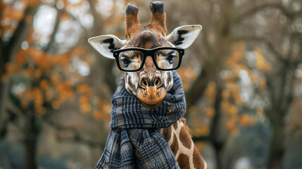 Obraz premium Giraffe Wearing Glasses and Scarf