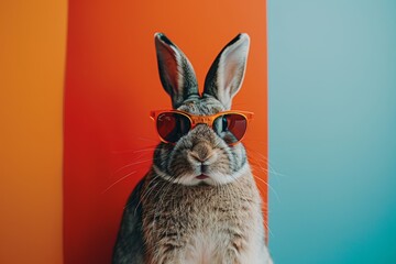 A playful depiction of a bunny wearing stylish sunglasses, set against a vibrant, colorful background, capturing a whimsical, fun vibe.