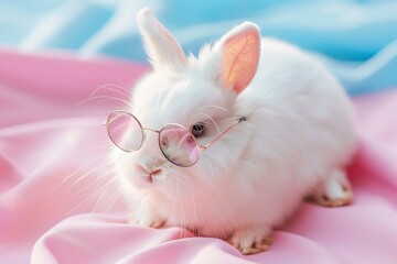 A playful depiction of a bunny wearing stylish sunglasses, set against a vibrant, colorful background, capturing a whimsical, fun vibe.