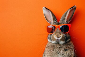 A playful depiction of a bunny wearing stylish sunglasses, set against a vibrant, colorful background, capturing a whimsical, fun vibe.