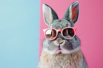 A playful depiction of a bunny wearing stylish sunglasses, set against a vibrant, colorful background, capturing a whimsical, fun vibe.