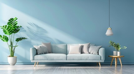 Modern living room interior with sofa and green plants,lamp,table on blue wall background. a living room with light blue sofa and blue walls realistic