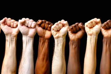 A striking photo celebrating Black History Month featuring a variety of people raising their fists in a powerful gesture of solidarity and empowerment.