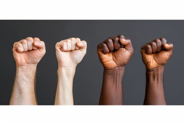 A striking photo celebrating Black History Month featuring a variety of people raising their fists in a powerful gesture of solidarity and empowerment.