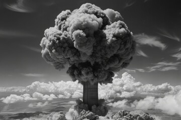 A dramatic image of a nuclear explosion creating a massive mushroom cloud, dominating the sky with its destructive power.