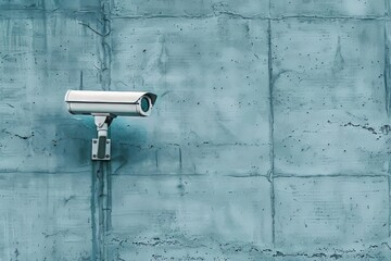 A color photo of an AI-powered security camera mounted on a wall, ensuring constant surveillance and protection. The sleek design and advanced technology highlight its efficiency in monitoring spaces.