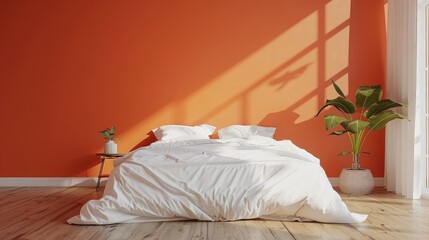 modern minimalist design of bedroom with an orange wall and a white bed. realistic