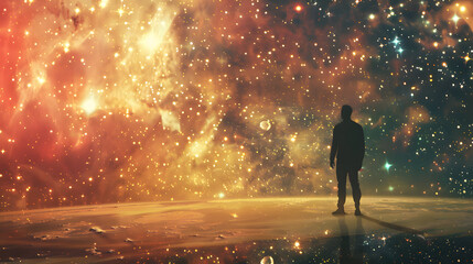 Contemplating the cosmos: a solitary figure amidst stardust