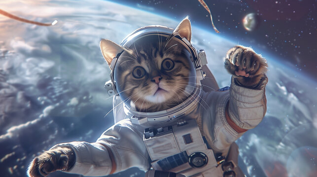 Cat in Astronaut Suit in Front of Earth