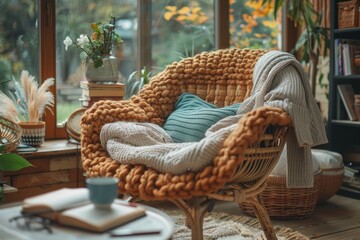 a comfortable chair with a blanket, next to an inviting journal and pen, creates a soothing setting for a group therapy session