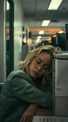 businesswoman, tired, exhausted worker, laptop in front, office room, office worker (female) very tired resigned and exhausted with the head on her hand,
