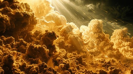 Stunning golden clouds illuminated by sunbeams creating a dramatic and ethereal sky perfect for nature, weather, and sunset-themed imagery