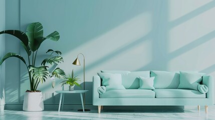 Modern living room interior with sofa and green plants,lamp,table on blue wall background. a living room with light blue sofa and blue walls realistic