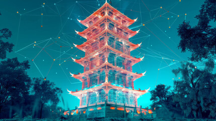 Futuristic Pagoda with Glowing Lights and Network Connections