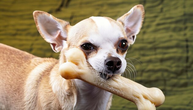 Close-up portrait of a small chihuahua breed dog with a big bone in its mouth.