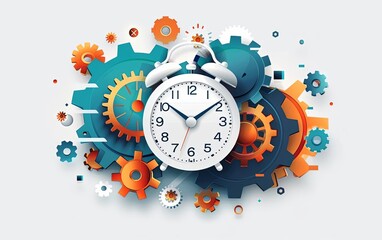Vintage alarm clock surrounded by colorful gears and cogs, symbolizing time management, mechanics, and productivity concepts.