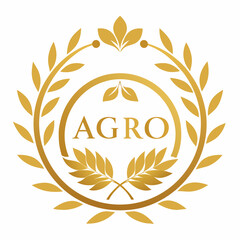 a fragile gold ''Agro''  logo with an ornament, in the Baroque style, framed by a laurel wreath - white background