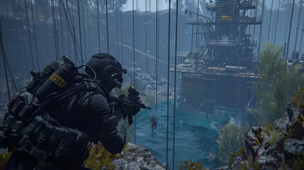 Armed Soldiers in Tactical Gear Near Industrial Complex in Rainy Setting