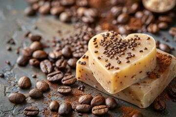 A close-up view of a heart-shaped handmade soap bar surrounded by coffee beans. This image conveys the idea of spa and self-care with organic products.






