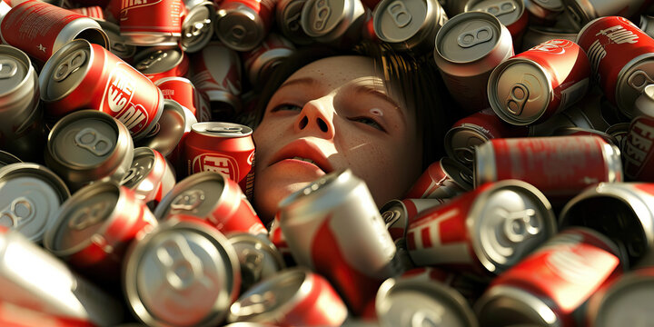 A person seems to disappear into a pile of empty beer cans, their life consumed by addiction.