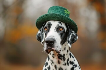 Dalmatian breed dog wearing festive green hat posing outdoor in park. St. Patrick day celebration