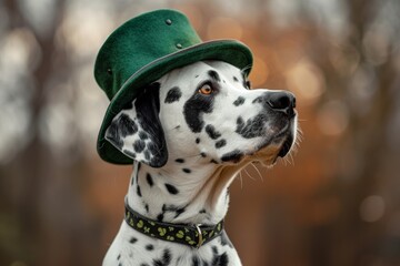Dalmatian breed dog wearing festive green hat posing outdoor in park. St. Patrick day celebration