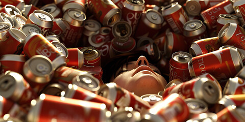 An Unhealthy Obsession: The Tragic Descent into Alcoholism. a pile of empty beer cans, their life consumed by addiction.