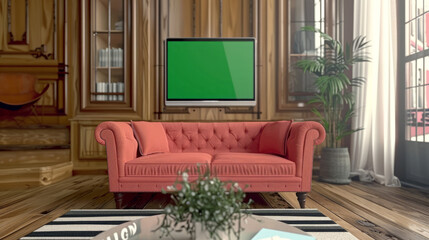 Vintage-Style Living Room with Red Sofa and Green Screen TV, Classic Home Decor