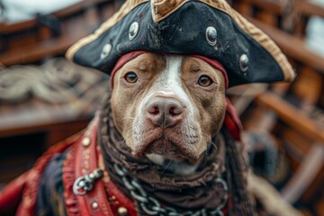 Dog dressed as a pirate captain on a ship. Adorable sea robber in full pirate attire, ready for...