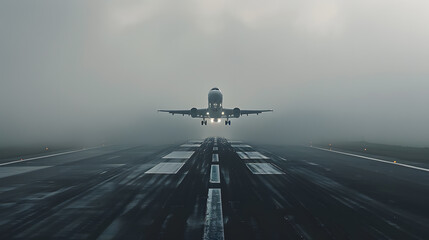 A plane is flying through a foggy sky