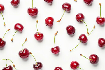 op View of Beautiful Cherries Arranged with Spacing on White Background - Fresh and Vibrant Background for Commercial Use