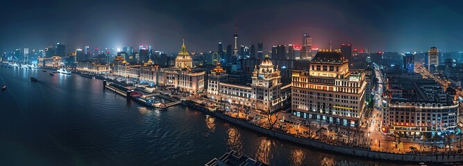 Naklejka premium Aerial view of skyline Shanghai Pudong at night view.