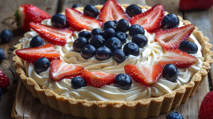 Fresh Berry Tart with Whipped Cream on Rustic Wooden Background