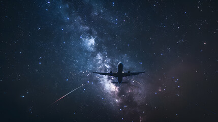 Naklejka premium A plane is flying through the night sky, surrounded by a beautiful milky way