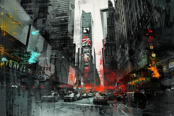 Abstract urban landscape with gritty textures, muted grays, and pops of neon, capturing the essence of a bustling, modern