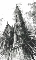 Obraz premium Line Art Drawing of an Overgrown Gothic Tower with Vines and Trees