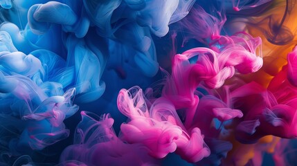 Obraz premium Paint Ink drop in water, Motion color explosion smoke, Blue pink color fluid splash vapor cloud on glitter dust texture black abstract art background. High quality photo