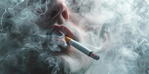 A figure's face disappears amidst a softly billowing fog, their features barely visible as a nearly consumed cigarette hangs delicately from their lips.