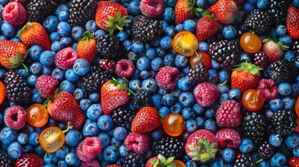Mosaic of mixed berries, each berry a tiny tile, vibrant colors, intricate patterns realistic