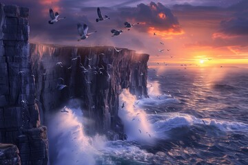 : A rugged coastal landscape with dramatic cliffs plunging into the crashing waves below, sea spray filling the air, and seabirds soaring overhead against a backdrop of a vibrant sunset