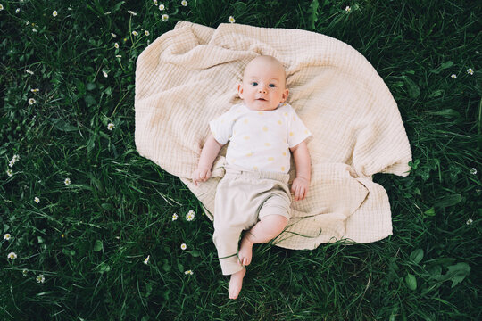 Cute happy baby lying on blanket on green grass at summer outdoors. 3 months old barefoot baby on nature. Family and childhood concept of  eco sustainable lifestyle.