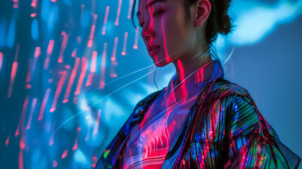 Contemplative Young Woman in a Holographic Jacket Experiencing Dynamic Light Installation at a...